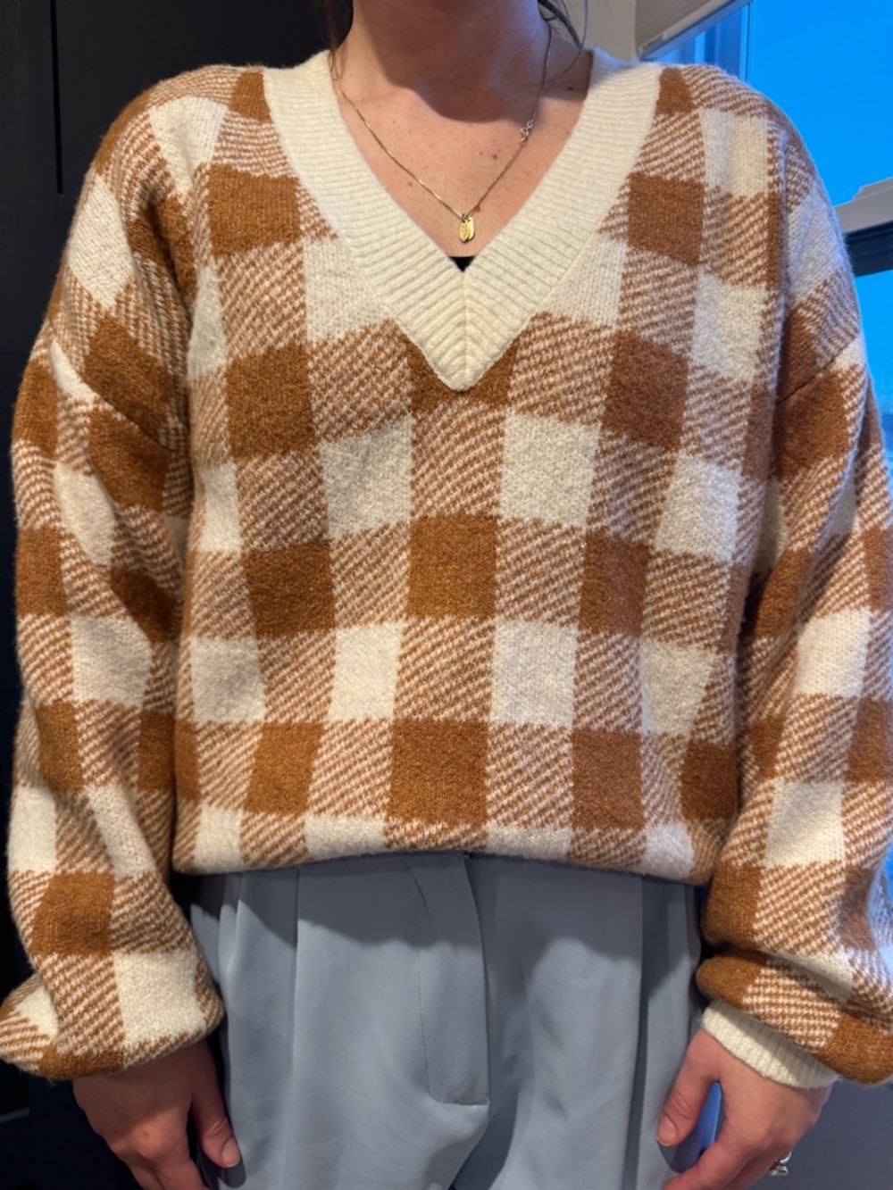 LOFT Cozy V-Neck Buffalo Check Sweater in Cream and Brown